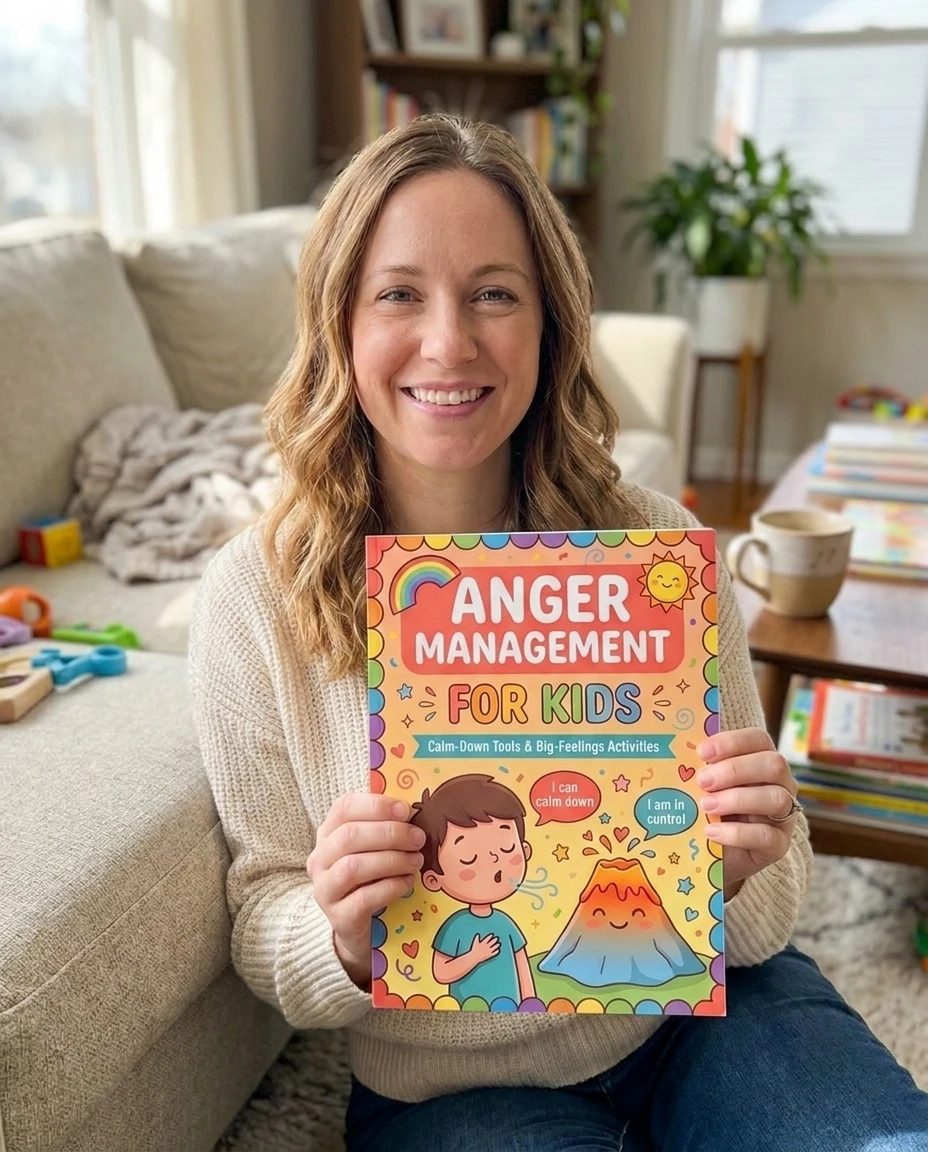 A mother holding the SteadyKid Anger Management for Kids printable workbook at home