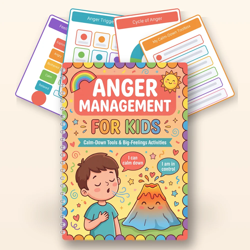 Anger Adventure workbook shown printed and open on a table