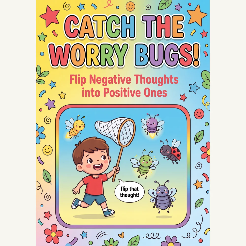 Catch the Worry Bugs workbook shown printed and open on a table
